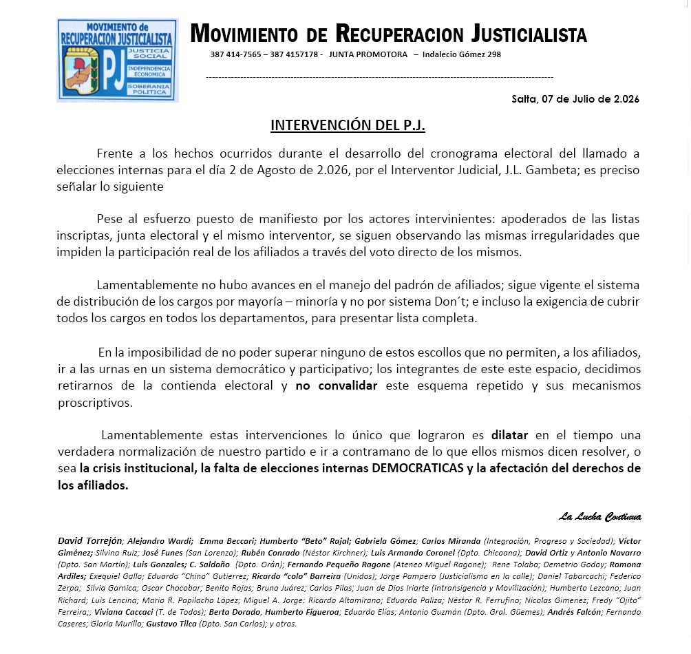 Sector del PJ rechaza las internas y denuncia irregularidades en la intervención del partido